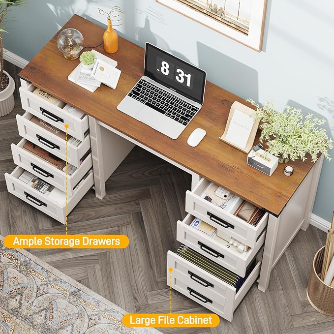 Vabches Farmhouse 60.6” Executive Desk with 7 Drawers, Computer Desk with File Drawer for Hanging Files A4, Workstation for Home Office, Study.Unique White