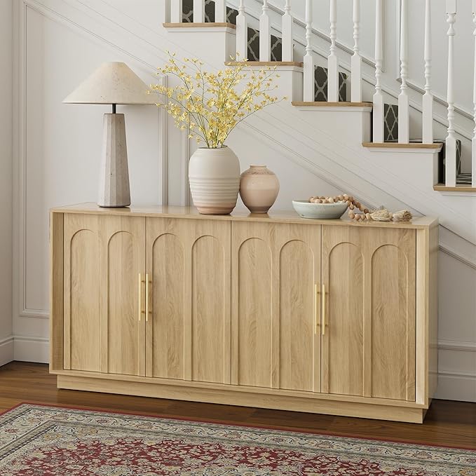 Sideboard Buffet Cabinet with Storage, Modern Accent Cabinet with Arched Doors, Boho Modular Media Console, 67" Large Minimalist Credenza for Living Room Kitchen Dining Room Entryway, Oak