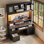 Bestier 77.8" H Executive Desk with Hutch, Modern Wood Computer Desk with Drawers, Charging Station, LED Light, Fluted Storage Cabinet, Keyboard Tray, 59" W Office Desk for Home Office, Black