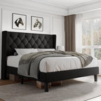 iPormis Full Size Platform Bed Frame with Button Tufted Headboard, Upholstered Bed Frame with Solid Wooden Slats, 8" Underbed Space, No Box Spring Needed, Noise Free, Easy Assembly, Black