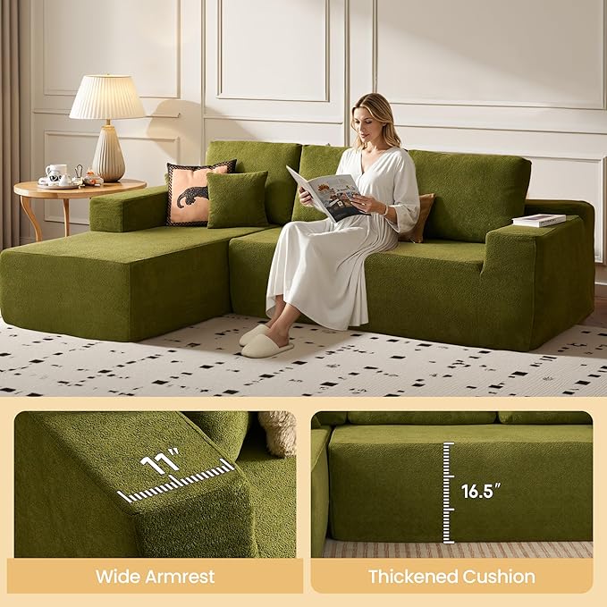 104" Cloud Sectional Couch with Chaise, Boneless L-Shaped Cloud Couch with Deep Seat, Modern Minimalist Sofa, Assembly Free Comfy Sofa for Office Living Room Study Room Apartment(Green, Left Chaise)