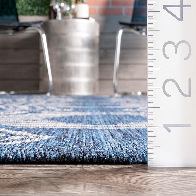 nuLOOM 6'7" Round Outdoor Tribal Geometric Area Rug, Stain Resistant, Weather Resistant, High Traffic, Patio, Balcony, Outside, Ranya Blue