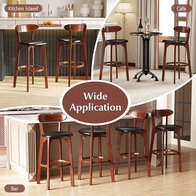 COSTWAY Bar Stool Set of 4, 30.5'' Bar Height Barstools w/Curved Backrest, Faux Leather Cushion & Rubber Wood Frame, Mid Century Modern Island Chairs for Kitchen Bar Cafe, Walnut
