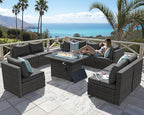 NICESOUL 9 Piece Modern Outdoor Furniture Set with Fire Pit Table, 8 Seat L-Shaped Extra Large Sectional Sofa Sets, 29.3'' High Back Comfy Modular Wicker Conversations, Natural Gas & Propane, Grey