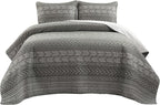 Lush Decor Hygge Geo Pattern Striped 3 Piece Quilt Bedding Set, King, Charcoal