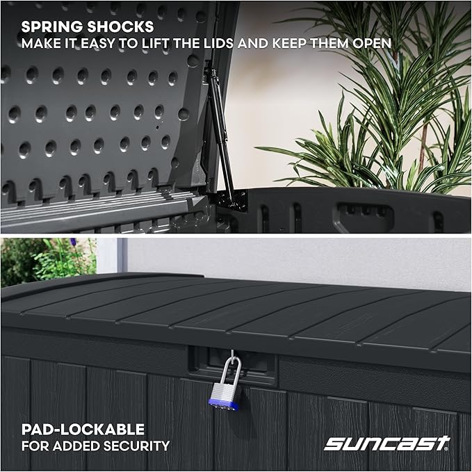 Suncast 134-Gal. Waterproof Resin Extra-Large Outdoor Patio Deck Box with Pad-Lockable Lid, Modern Outdoor Patio Bench/Storage Box for Cushions, Garden Tools, and More, Iron Ore