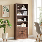 70in Tall Bookshelf 6 Tier Bookcase with Barn Doors and Adjustable Shelf, Brown Farmhouse Book Shelves with Storage Cabinet,Wood Floor Standing Display Bookshelve for Bedroom,Living Room,Kitchen