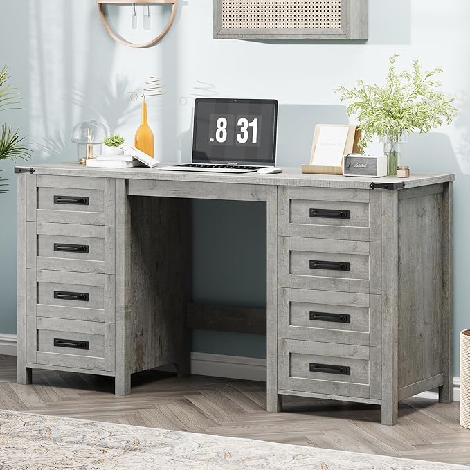 Vabches Farmhouse 60.6” Executive Desk with 7 Drawers, Computer Desk with File Drawer for Hanging Files A4, Workstation for Home Office, Study.Grey
