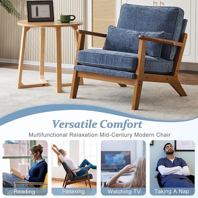 VINGLI Solid Wood Wide Armrests Accent Chair Set of 2,Upholstered Mid Century Modern Chair with Pillow,Comfy Reading Chair Farmhouse,Chairs Living Room,Bedroom,Guest Room,Chenille Fabric,Dark Blue