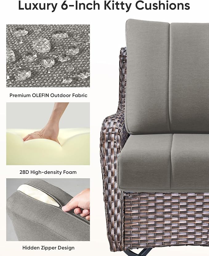 Luxury 24x24x6 Inch Kitty Outdoor Deep Seat Cushions Set of 6 - Comfortable Patio Chair Cushion for Outside Wicker Dining Rocking Swivel Chairs Loveseat Couch Sectional Sofa - Grey