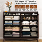 Dresser for Bedroom with 8 Drawers, 55" Large Dresser & Chest of Drawers with Charging Station, Wood Closet Clothes Storage Tall Dressers Organizer for Bedroom Living Room Hallway, Brown