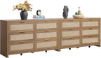 SICOTAS Rattan Dressers for Bedroom Set 2, Large 6 Drawer Dresser Long Chest of Drawers, Dresser Farmhouse TV Stand for Bedroom, Living Room, Nursery, Closet (Reclaimed Caramel Oak, 2 Pieces)