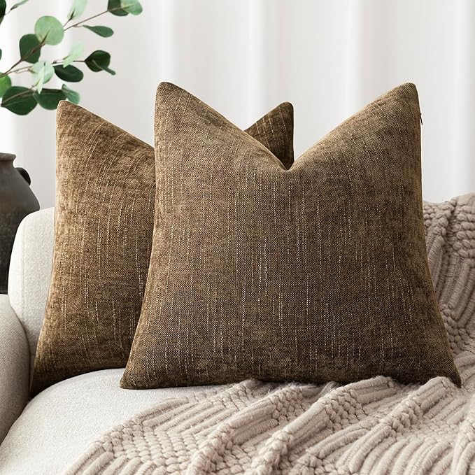 Foindtower Pack of 2 Soft Textured Chenille Throw Decorative Pillow Covers Square Accent Solid Cushion Cover Neutral Farmhouse Pillow Case for Couch Sofa Bedroom Living Room 20x20 Inch,Taupe Brown