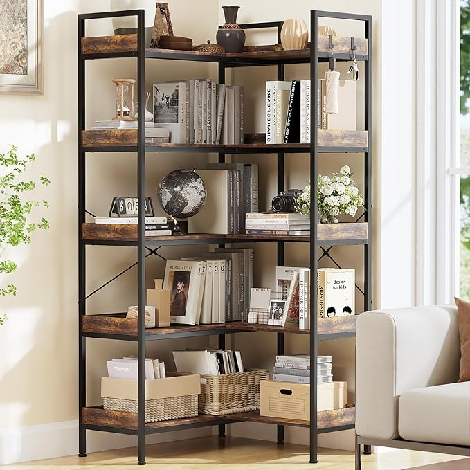 KOUSEI Bookshelf 5-Tier, L-Shaped Reversible Corner Bookshelf, 65" Industrial Wide Open Bookcase with Metal Frame and 4 Hooks for Living Room, Bedroom, Home Office, Rustic Brown
