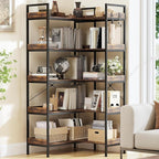 KOUSEI Bookshelf 5-Tier, L-Shaped Reversible Corner Bookshelf, 65" Industrial Wide Open Bookcase with Metal Frame and 4 Hooks for Living Room, Bedroom, Home Office, Rustic Brown