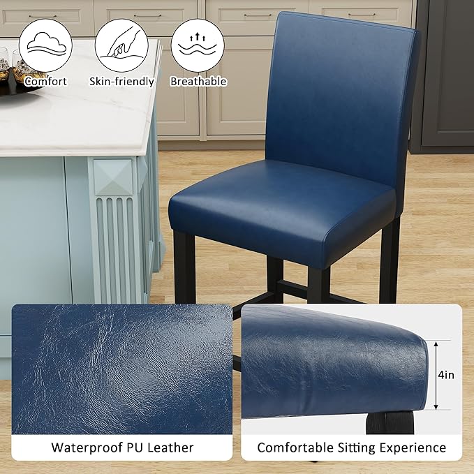 LSSPAID Counter Height Bar Stools Set of 2, 24.8 Inch Upholstered PU Leather Barstools, Modern Kitchen Island Chairs with Backrest and Solid Wood Legs, Navy Blue