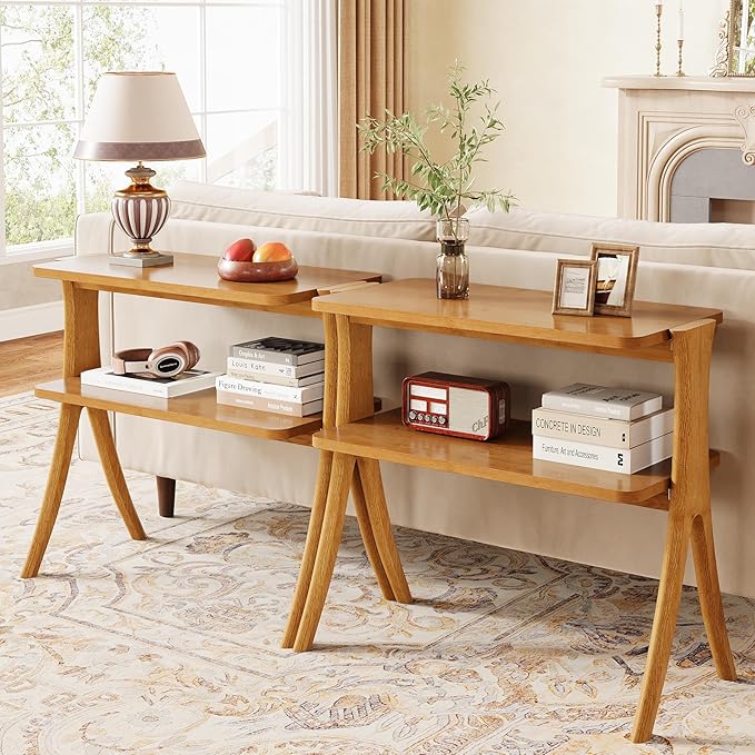 Tribesigns Narrow Side Table Set of 2, Farmhouse End Table with 2-Tier Storage Shelf and Solid Wood Legs, Slim Modern Bedside Table Nightstand for Bedroom, Living Room, Small Spaces, Brown(2)