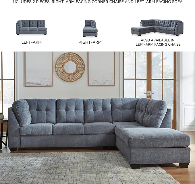 Signature Design by Ashley Marleton Contemporary Right-Arm Facing Tufted 2-Piece Sleeper Sectional with Chaise, Loose Seat Cushions and Bi-Fold Memory Foam Mattress, Full, Blue