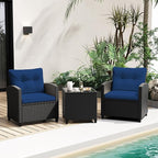Tangkula 3 Piece Patio Furniture Set, Rattan Conversation Set w/Soft Seat & Back Cushions, Tempered Glass Topped Coffee Table, Cushioned Wicker Seating Set for Backyard, Porch, Poolside