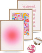 Framed Abstract Pink Canvas Wall Art,Retro Gradient Canvas Wall Decor,16x12IN High Framed Wood Design Print,Minimalist Classic Décor Aesthetic for Living Room,Bedroom,Bathroom Set of 3