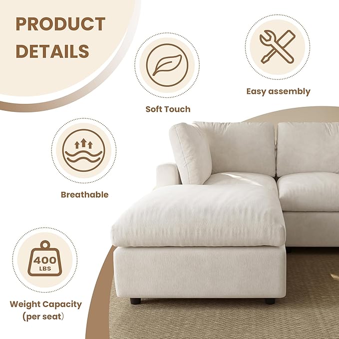 WJShome Modern Sectional Sofa 134 Inch 4-Seater Cloud Couch with Chenille Deep Seat Couches for Living Room, Bedroom and Apartment，Beige