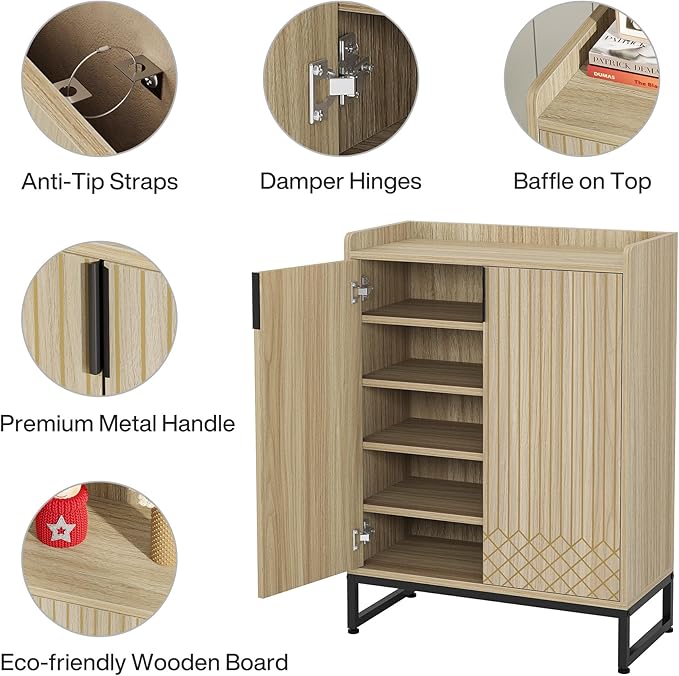 Tribesigns Shoe Cabinet with Doors,Natural 5 Tiers Shoe Storage Cabinet for Entryway, 25 Pairs Wooden Shoe Rack Cabinet, Modern Shoe Organizer Storage for Living Room, Bedroom, Hallway, Closet