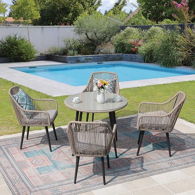 JOIVI 5 Piece Outdoor Dining Set, Wicker Patio Furniture Dining Table and Chairs Set with Cushions for 4 People, Tempered Glass Tabletop with 2.16” Umbrella Hole, for Lawn, Backyard, Garden