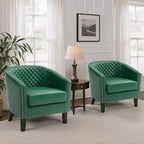 Pia Ricco Faux Leather Barrel Accent Chairs Set of 4, Modern Club Arm Chair Comfy Upholstered Single Sofa Chair with Solid Wood Legs and Nailhead Trim for Living Room/Reading Room, Green