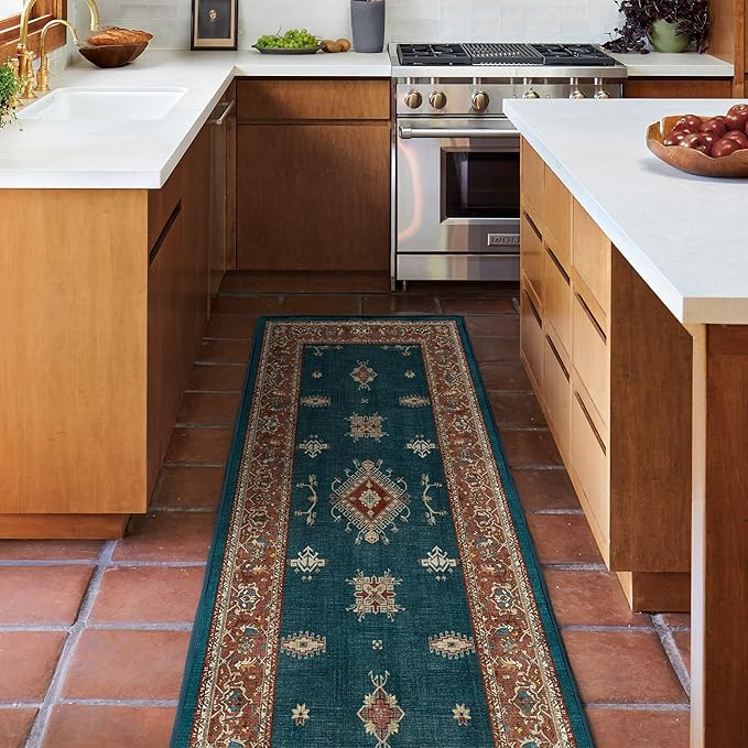 RUGGABLE Washable Vintage Area Rug – Verena Teal Blue 9x12, Stain-Resistant, Non-Slip – Large Machine Washable Rugs for Living Room, Bedroom, Hallway, Entryway & Office–with Standard Pad