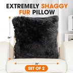 Cheer Collection Throw Pillows for Couch and Bed, Soft Shaggy Throw Pillows with Inserts Included, Cozy Long Hair Faux Fur Pillows - Set of 2-26" x 26" Black