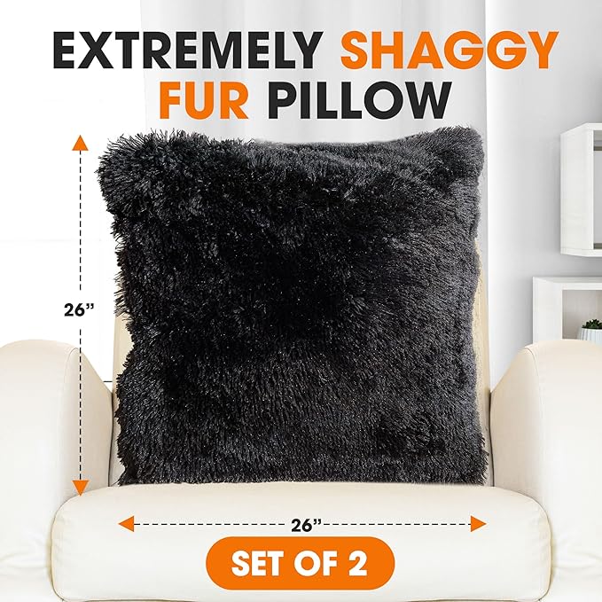 Cheer Collection Throw Pillows for Couch and Bed, Soft Shaggy Throw Pillows with Inserts Included, Cozy Long Hair Faux Fur Pillows - Set of 2-26" x 26" Black