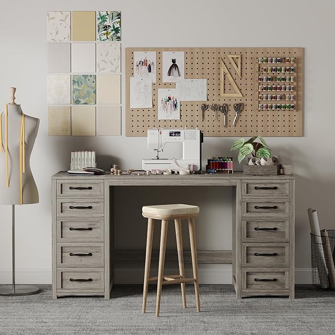 WOPITUES 60" Farmhouse Home Office Desk with 10 Wooden Drawers, Rustic Computer Writing Desk with Power Outlets, Large Executive Desk with Storage Cabinet for Work Study Writing Craft, Wood Grain Gray