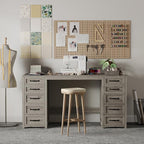 WOPITUES 60" Farmhouse Home Office Desk with 10 Wooden Drawers, Rustic Computer Writing Desk with Power Outlets, Large Executive Desk with Storage Cabinet for Work Study Writing Craft, Wood Grain Gray