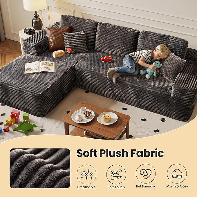 104" Cloud Sectional Couch with Chaise, Boneless L-Shaped Cloud Couch with Deep Seat, Soft Plush Modern Minimalist Sofa, Assembly Free Comfy Sofa for Office Living Room Apartment(Grey, Left Chaise)