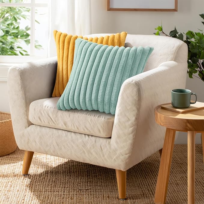 Pallene Faux Fur Plush Throw Pillow Covers 22x22 Set of 2, Luxury Soft Fluffy Striped Decorative Pillow Covers for Sofa, Couch, Living Room, Aqua