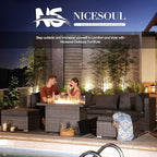 NICESOUL 9 Piece Modern Outdoor Furniture Set with Fire Pit Table, 8 Seat L-Shaped Extra Large Sectional Sofa Sets, 29.3'' High Back Comfy Modular Wicker Conversations, Natural Gas & Propane, Grey