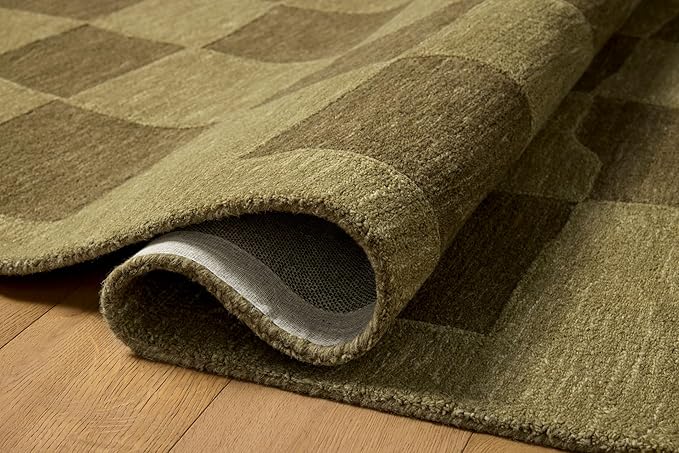 Loloi Leanne Ford Craven Collection CVN-03 Green/Olive 2'-6" x 7'-6" Runner Rug Checkered, Patterned, Neutral, Hallway, Kitchen, Mudroom, and Bathroom