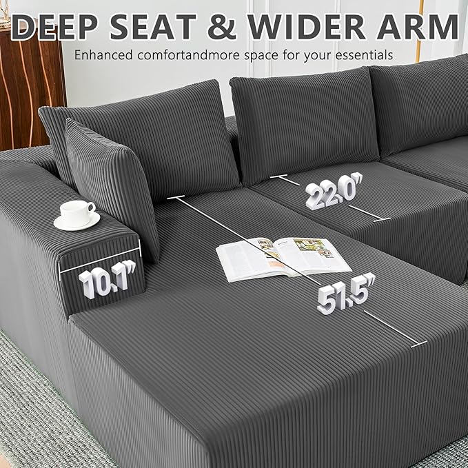 109" Cloud Sectional Couch, Boneless Couches for Living Room, Modular Sectional Sofa with Deep Seat, L-Shape Couch with Chaise, Comfy Corduroy Fluffy Modern Modular Sofa, No Assembly Required,DarkGrey