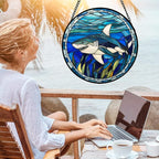Stained Glass Suncatcher, Blue Ocean Big Shark Sun Catcher Waterweed Stain Glass Window Hanging Decoration Mother's Day Birthday Gifts for Women Men Mom Nana 9.8 in
