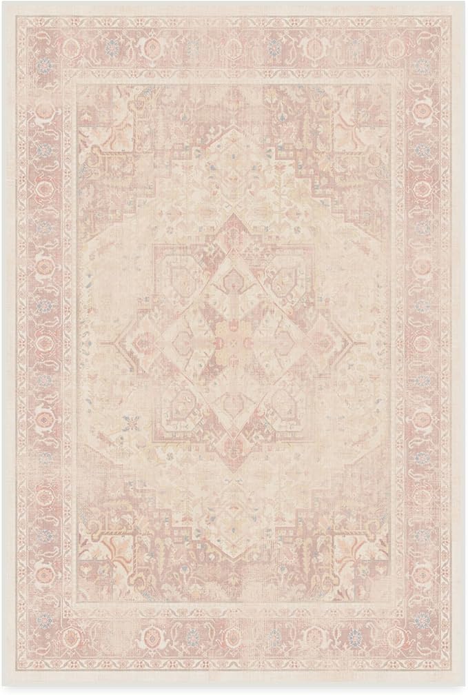 RUGGABLE Washable Area Rug – Kamran Soft Pink 4x6, Stain-Resistant, Non-Slip – Medium Machine Washable Rugs for Living Room, Bedroom, Hallway, Entryway & Office–with Cushioned Pad