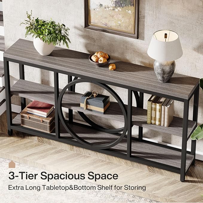 Tribesigns 70.9 Inch Extra Long Console Table for Entryway, Sofa Table Behind Couch with 3 Tier Wood Storage Shelves Industrial Metal Frame for Living Room Hallway Entryway, Black Rustic Gray
