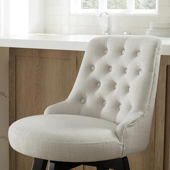 Watson & Whitely Counter Height Bar Stools Set of 3, Performance Fabric Upholstered Modern Swivel Barstool with Back, Solid Wood Legs, 26" H Seat, Linen