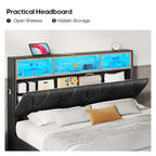 LED Full Bed Frame with Type-C & USB Charging Station, Full Size Bed Frame with Storage Headboard, Modern Pu Leather Platform Bed with Shelf Headboard, Easy Assembly, Noise-Free, Black