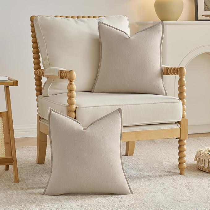 FUTEI Beige Chenille Throw Pillow Covers 16x16 Inch Set of 2,Edges Double-Stitched Cushion Cases,Modern Home Decor for Couch Living Room