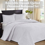 Madison Park Quebec Reversible Quilt Set Damask Design, Double Sided Stitching All Season, Lightweight Bedspread Bedding Set, Matching Sham, White, Twin(81"x110") 2 Piece