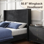 HOWE King Size Upholstered Bed Frame, Wingback Platform Bed with 50.8" Headboard, Corduroy/Solid Wood Leg/No Box Spring Needed/Noise Free/Black
