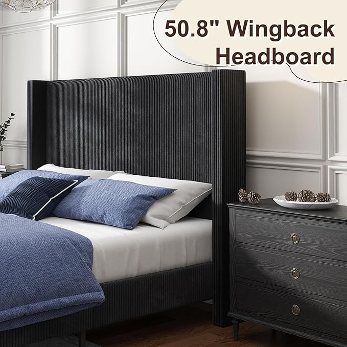 HOWE King Size Upholstered Bed Frame, Wingback Platform Bed with 50.8" Headboard, Corduroy/Solid Wood Leg/No Box Spring Needed/Noise Free/Black