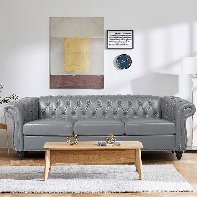 2 Piece Living Room Sofa Set, 3 Seater Faux Leather Sofa Couch and Chair Set, Mid Century Modern Upholstered Couch with Cushions, Vintage Comfy Tufted Chesterfield Couches for Bedroom, Office (Grey)
