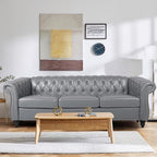 2 Piece Living Room Sofa Set, 3 Seater Faux Leather Sofa Couch and Chair Set, Mid Century Modern Upholstered Couch with Cushions, Vintage Comfy Tufted Chesterfield Couches for Bedroom, Office (Grey)