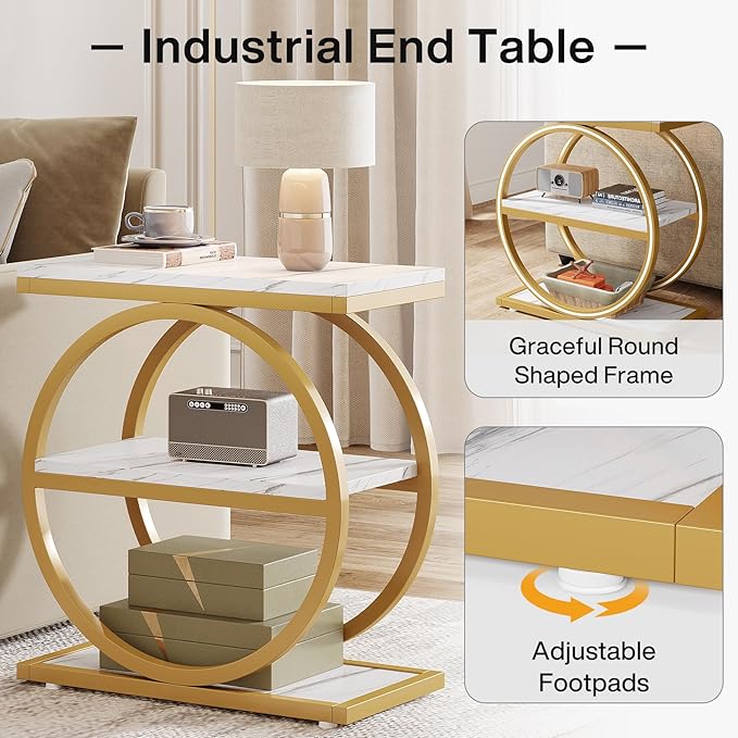 Tribesigns End Table with Storage Shelves Pack of 2, 3-Tier Wooden Industrial Sofa Side Table with Black Metal Frames for Living Room, Slim Nightstand and Bedside Table for Bedroom, White & Gold
